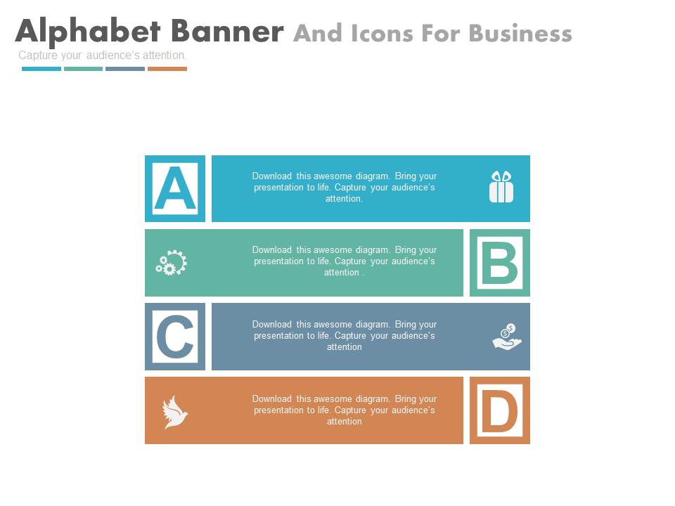 Four Banners And Icons In Alphabetic Order Powerpoint Template