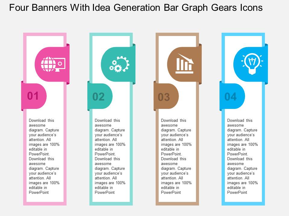 Four Banners With Idea Generation Bar Graph Gears Icons Powerpoint Templates