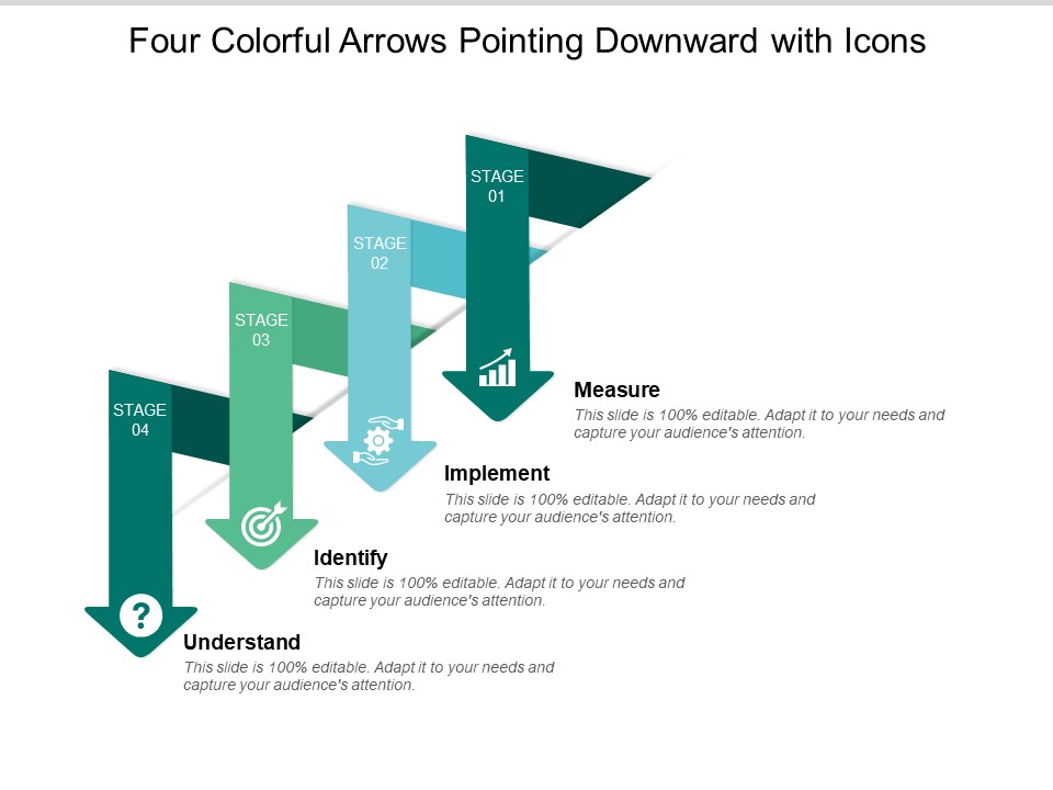 Four Colorful Arrows Pointing Downward With Icons Ppt PowerPoint Presentation Model Design Inspiration