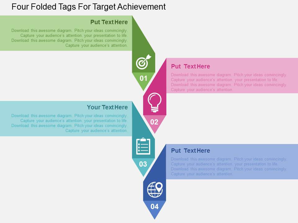 Four Folded Tags For Target Achievement Powerpoint Templates