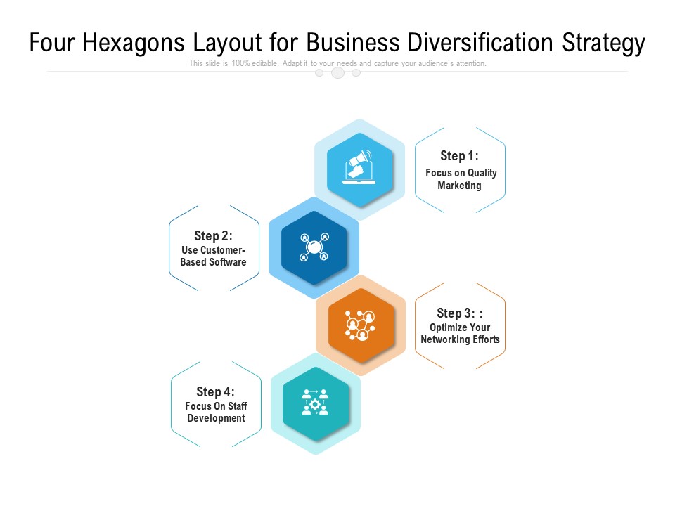 Four Hexagons Layout For Business Diversification Strategy Ppt PowerPoint Presentation File Infographic Template PDF