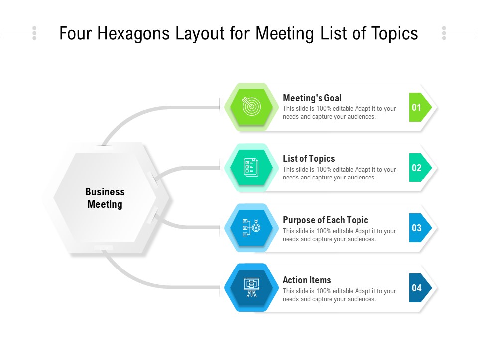 Four Hexagons Layout For Meeting List Of Topics Ppt PowerPoint Presentation File Examples PDF