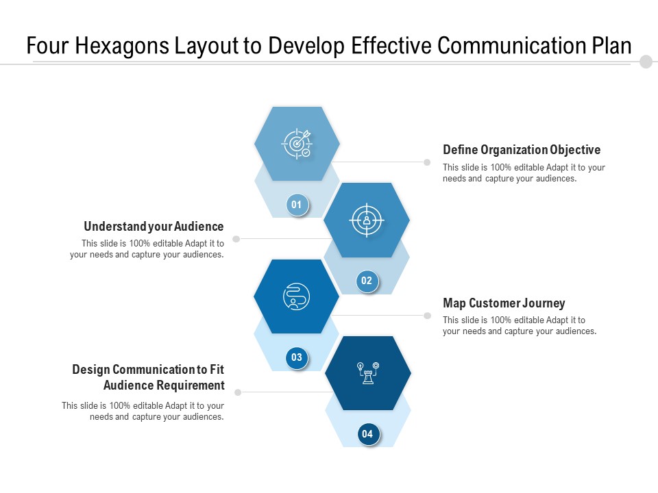 Four Hexagons Layout To Develop Effective Communication Plan Ppt PowerPoint Presentation Icon Portfolio PDF