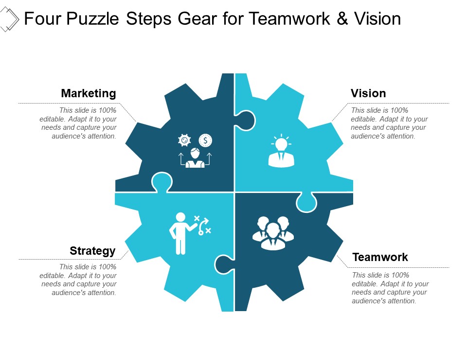 Four Puzzle Steps Gear For Teamwork And Vision Ppt PowerPoint Presentation Summary Show