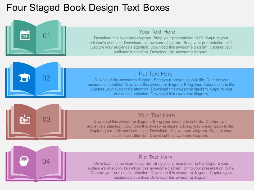 Four Staged Book Design Text Boxes Powerpoint Template
