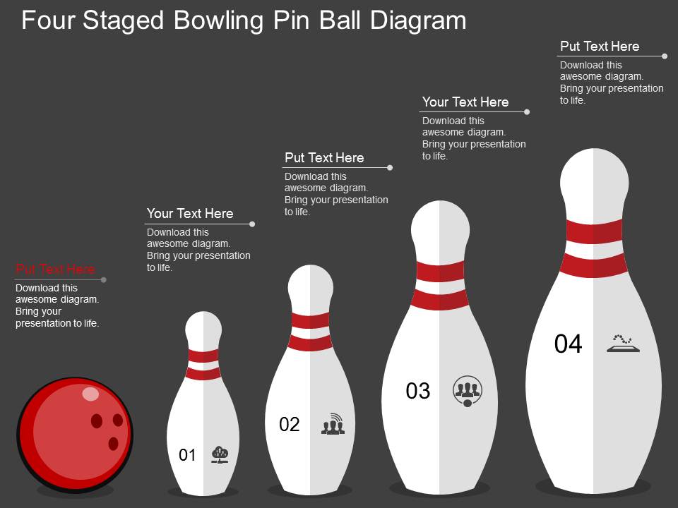 Four Staged Bowling Pin Ball Diagram Powerpoint Template