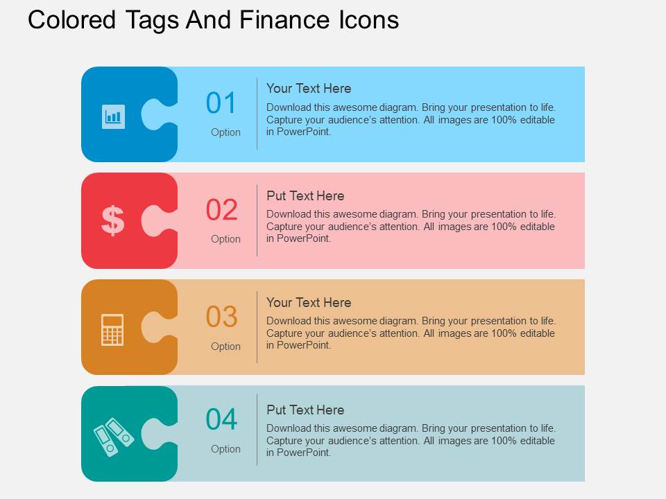 Four Staged Colored Tags And Finance Icons Powerpoint Template