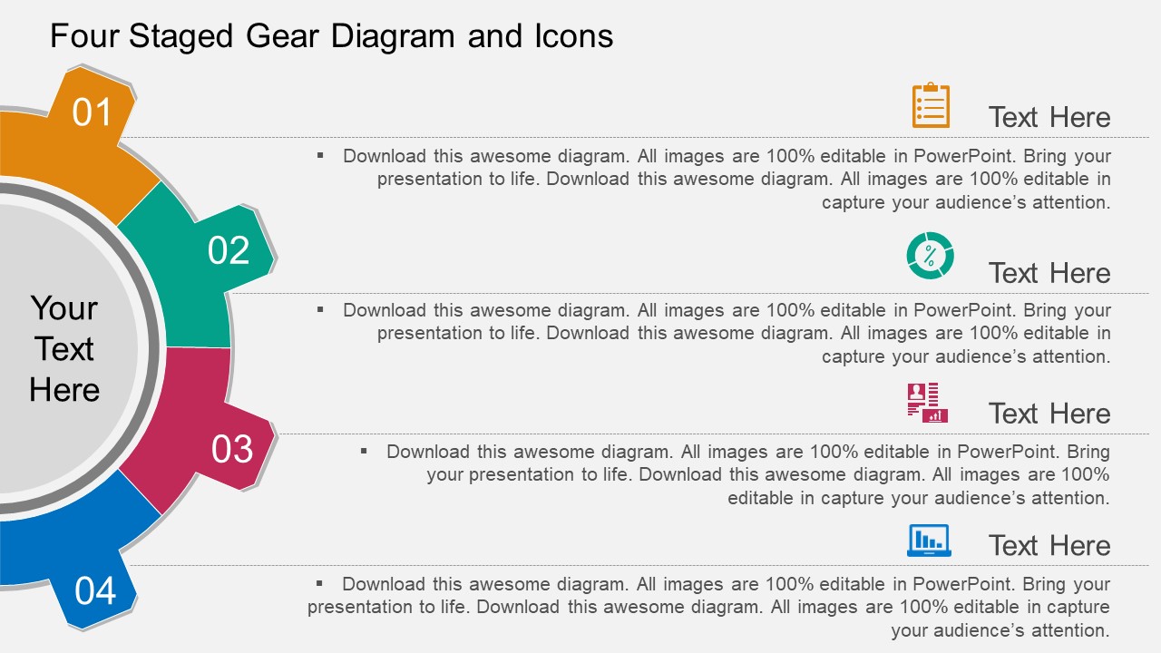 Four Staged Gear Diagram And Icons Powerpoint Template