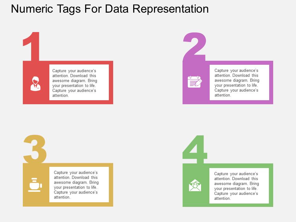 Four Staged Numeric Tags For Data Representation Powerpoint Template