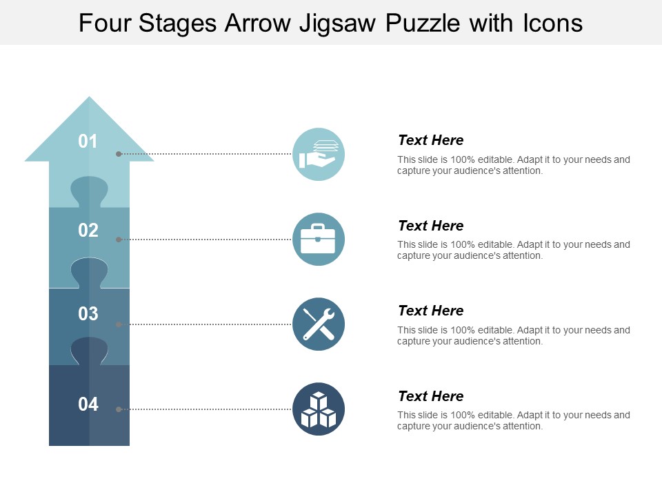 Four Stages Arrow Jigsaw Puzzle With Icons Ppt PowerPoint Presentation Ideas Sample