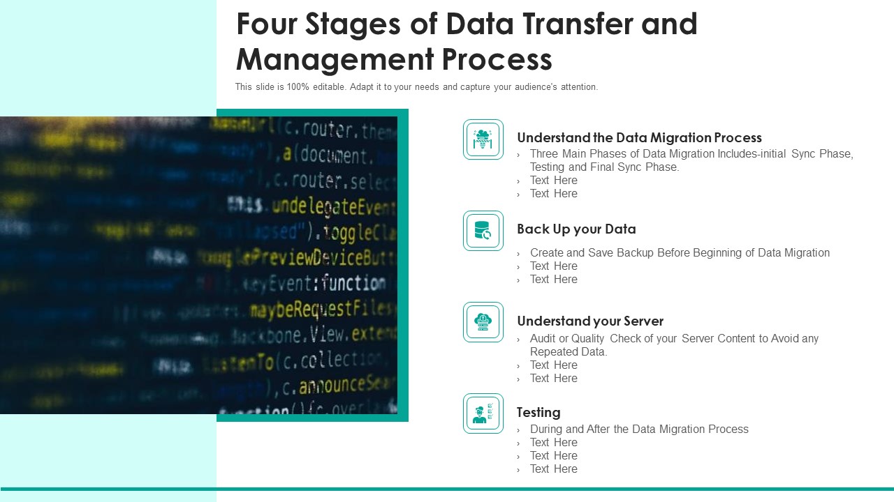 Four Stages Of Data Transfer And Management Process Ppt PowerPoint Presentation Outline Gallery PDF