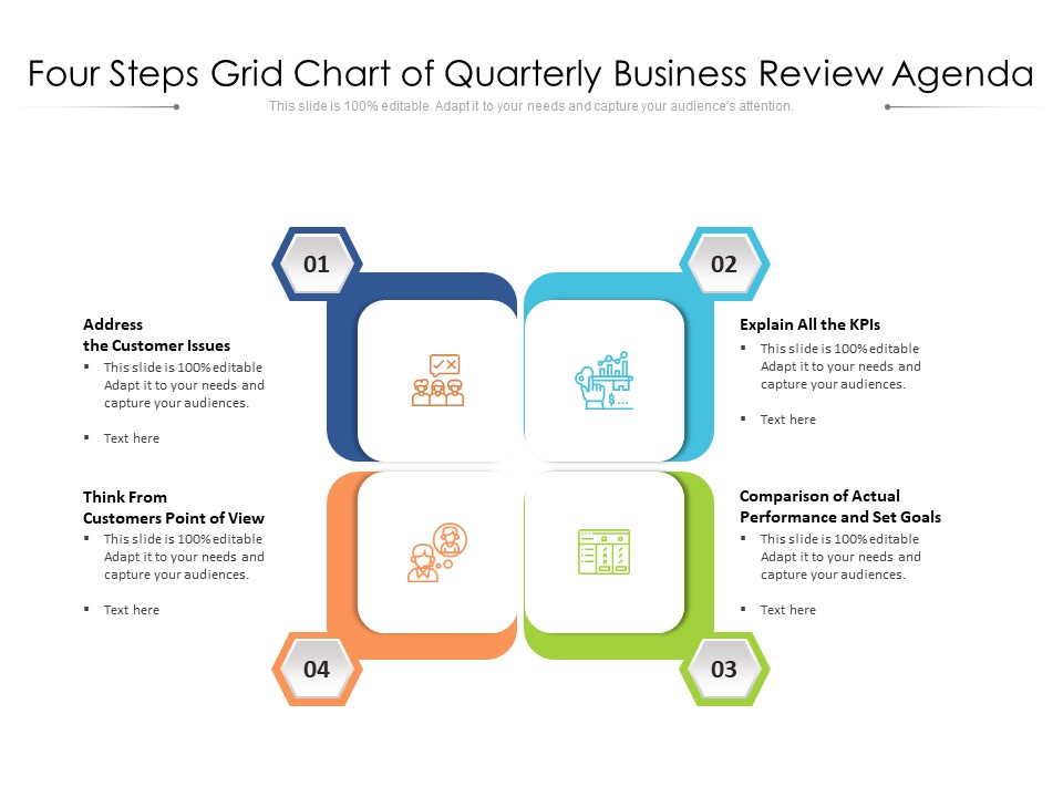 Four Steps Grid Chart Of Quarterly Business Review Agenda Ppt PowerPoint Presentation File Brochure PDF