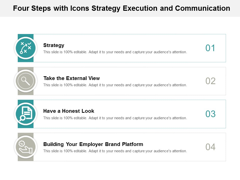 Four Steps With Icons Strategy Execution And Communication Ppt Powerpoint Presentation Gallery Layout