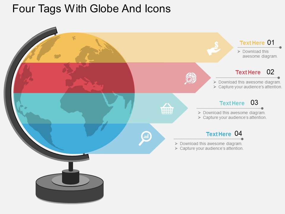 Four Tags With Globe And Icons Powerpoint Template