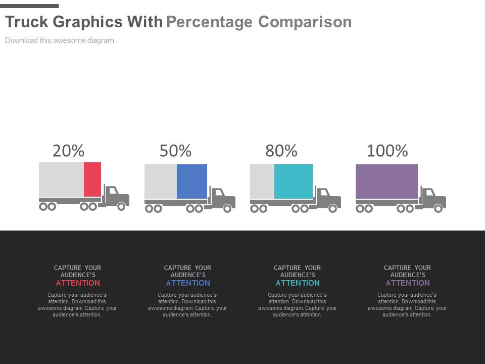 Four Trucks With Percentage Values For Comparison Powerpoint Slides