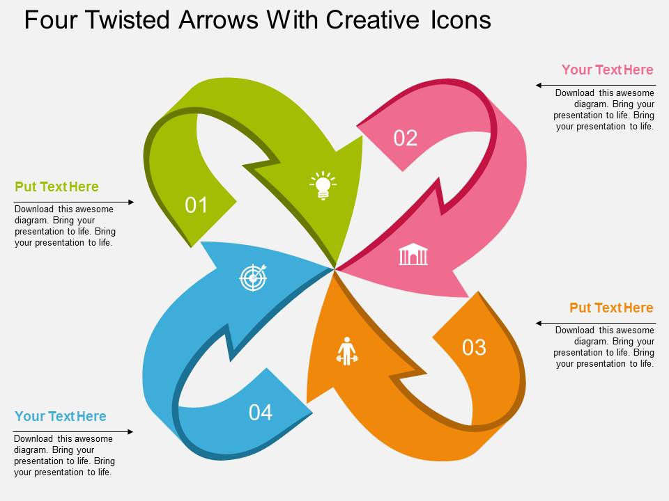 Four Twisted Arrows With Creative Icons Powerpoint Template
