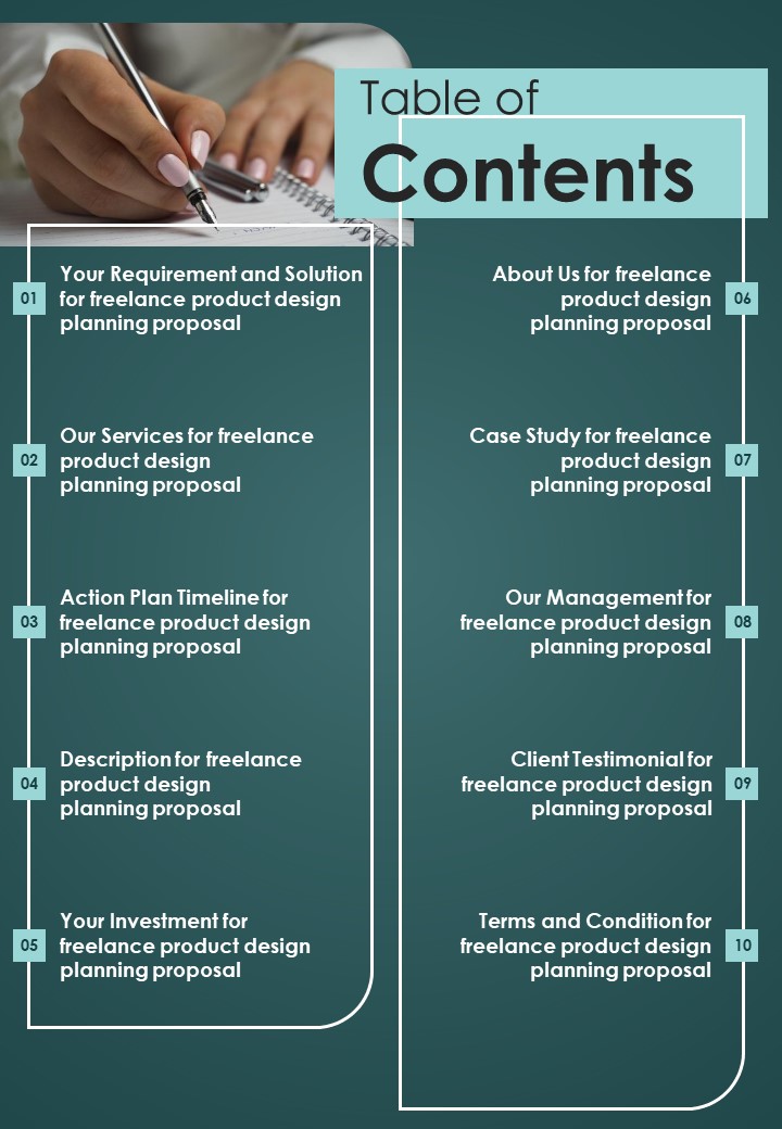Freelance Product Design Planning Proposal Table Of Contents One Pager Sample Example Document