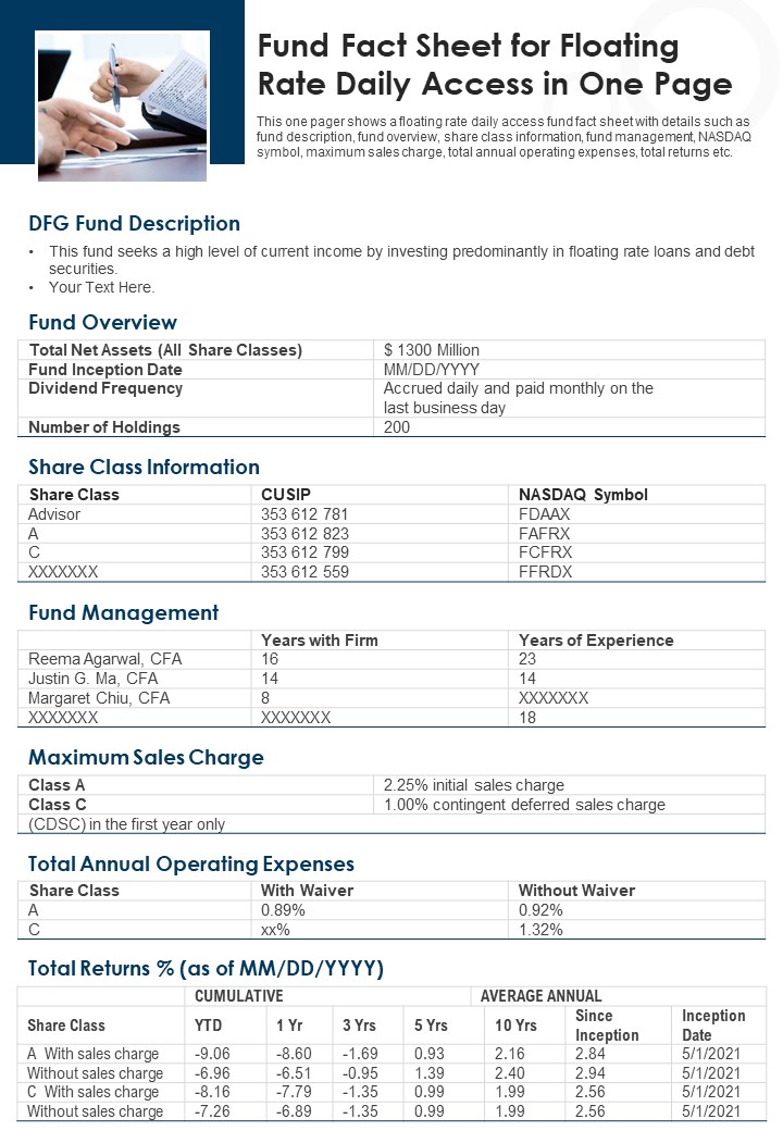 Fund Fact Sheet For Floating Rate Daily Access In One Page PDF Document PPT Template