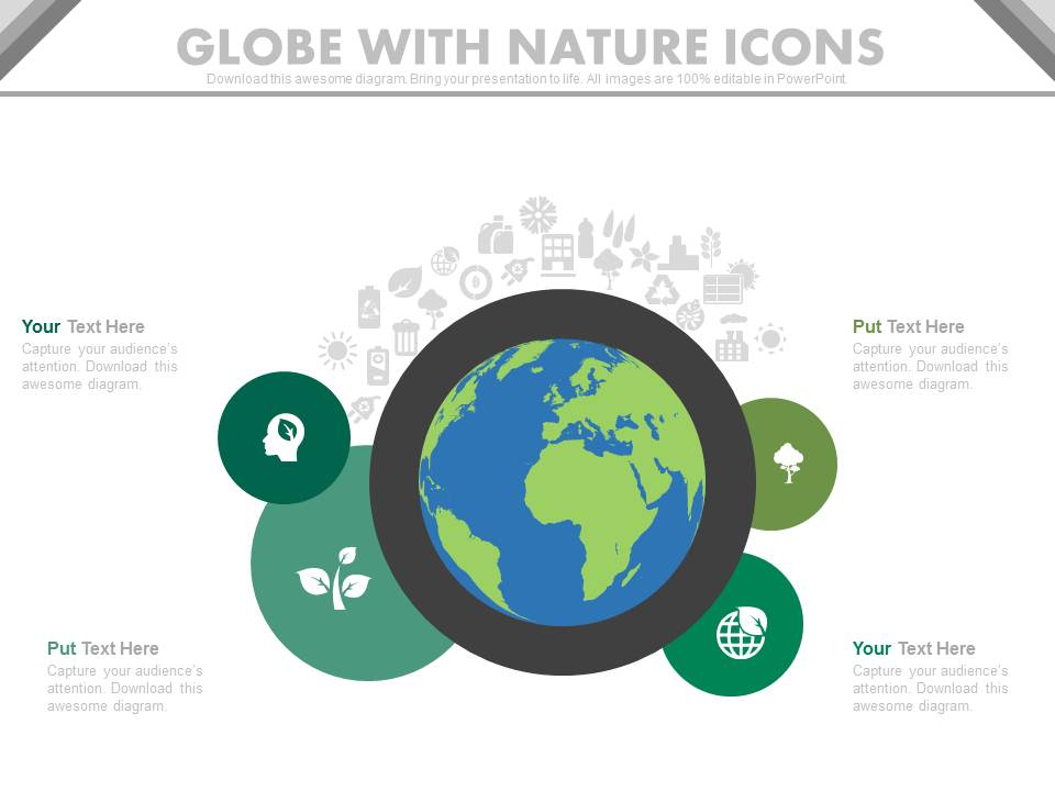 Globe With Nature Icons For Environment Protection Powerpoint Slides