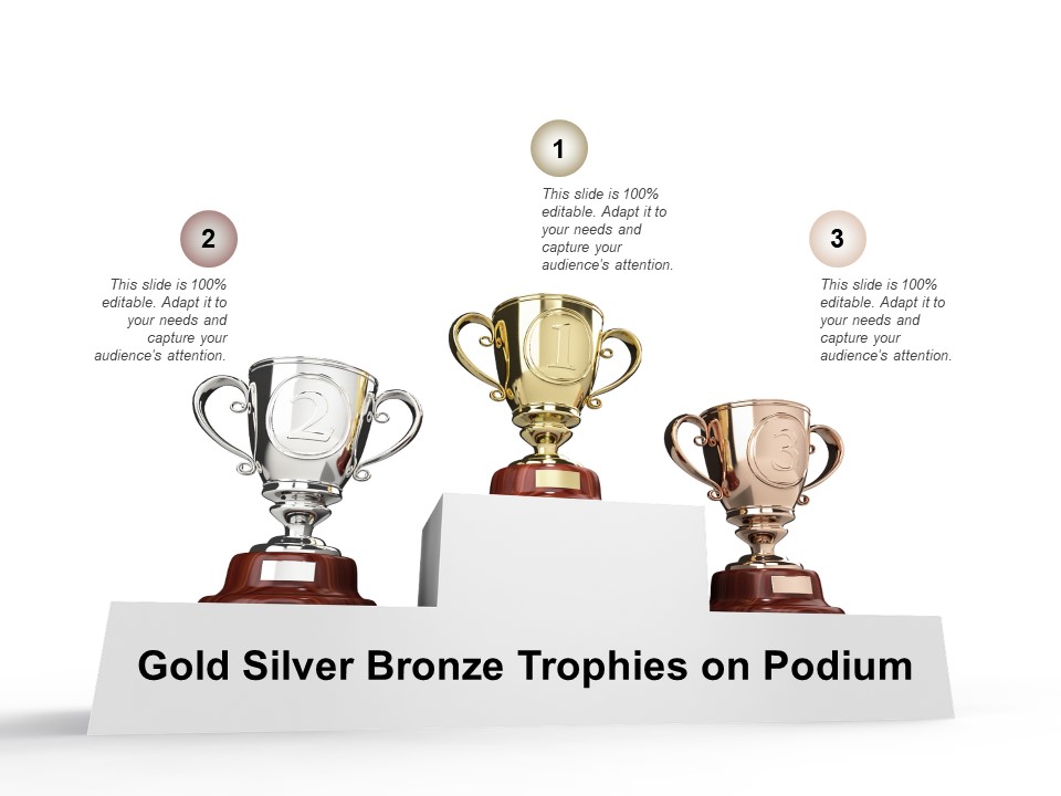 Gold Silver Bronze Trophies On Podium Ppt PowerPoint Presentation Inspiration Structure