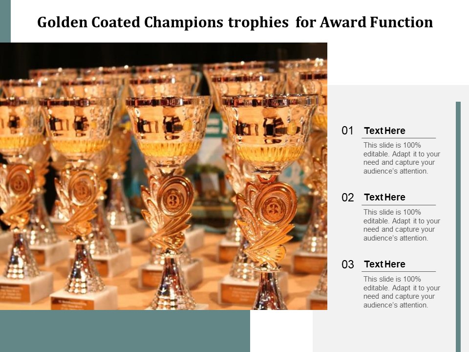Golden Coated Champions Trophies For Award Function Ppt PowerPoint Presentation Gallery Example File PDF