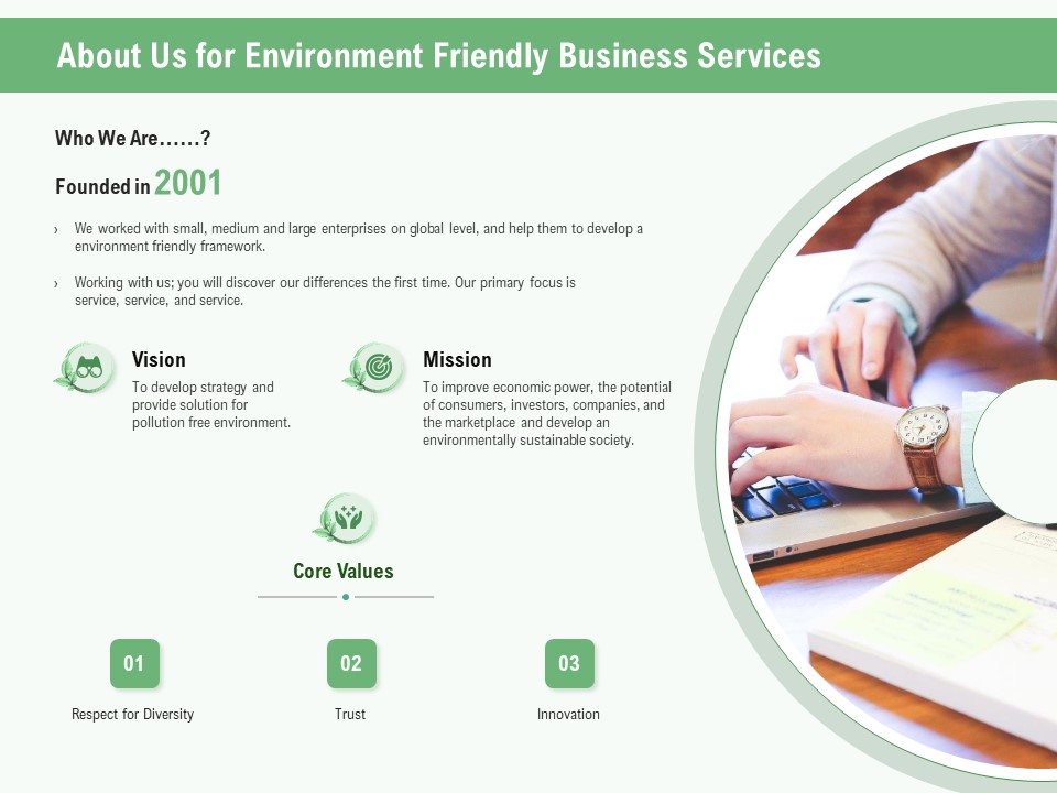 Green Business About Us For Environment Friendly Business Services Ppt Portfolio Information PDF