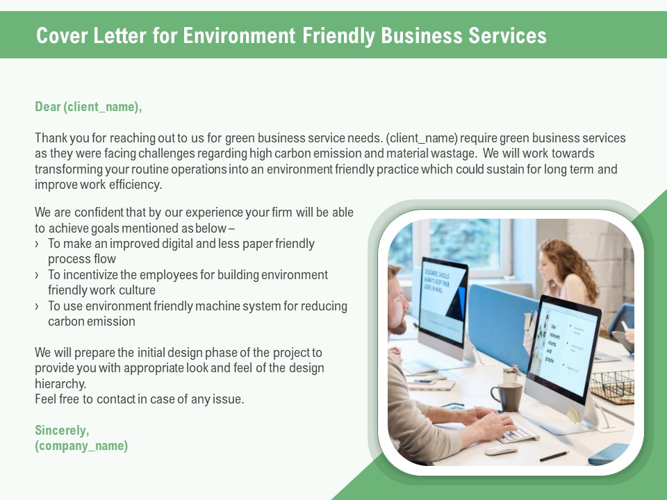 Green Business Cover Letter For Environment Friendly Business Services Ppt Infographic Template Shapes PDF
