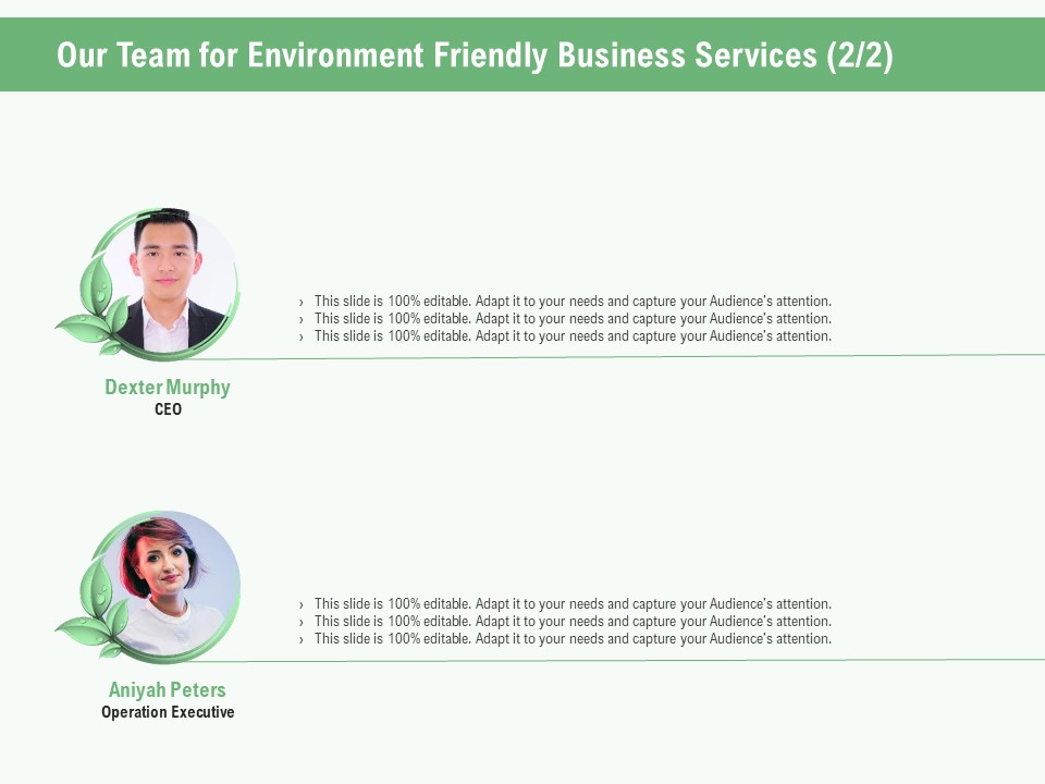 Green Business Our Team For Environment Friendly Business Services Executive Ppt Show Deck PDF