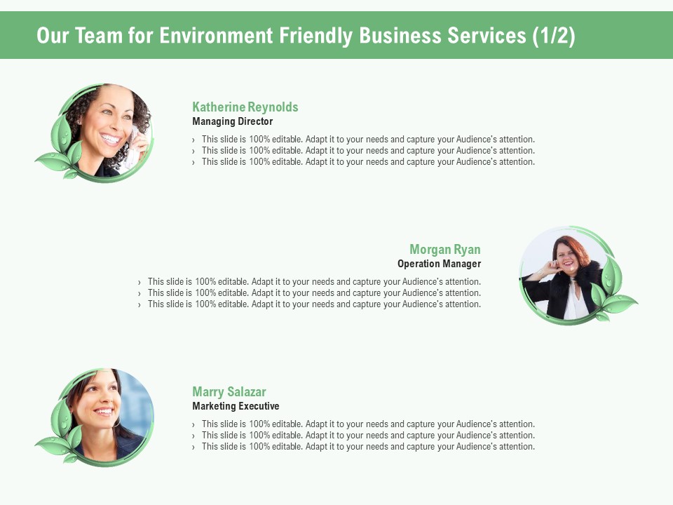 Green Business Our Team For Environment Friendly Business Services Ppt Styles Maker PDF