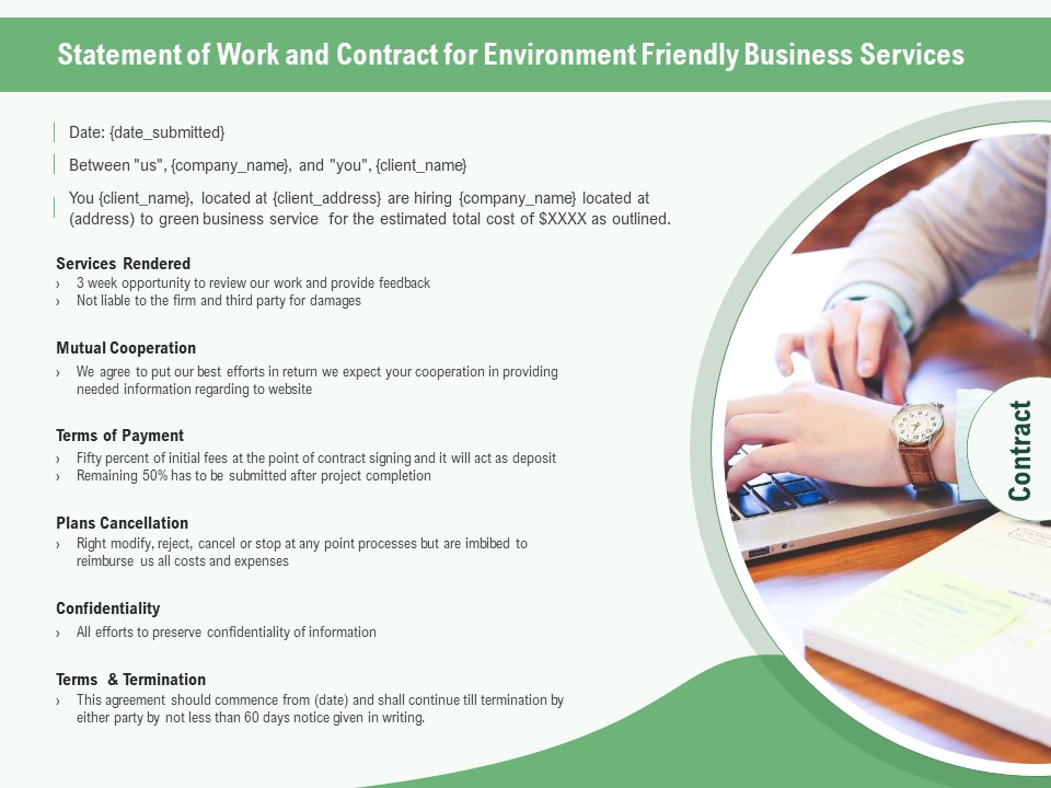 Green Business Statement Of Work And Contract For Environment Friendly Business Services Ppt File Objects PDF