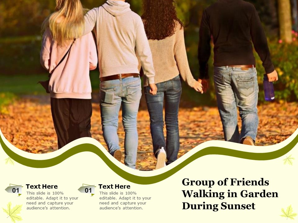 Group Of Friends Walking In Garden During Sunset Ppt PowerPoint Presentation File Professional PDF