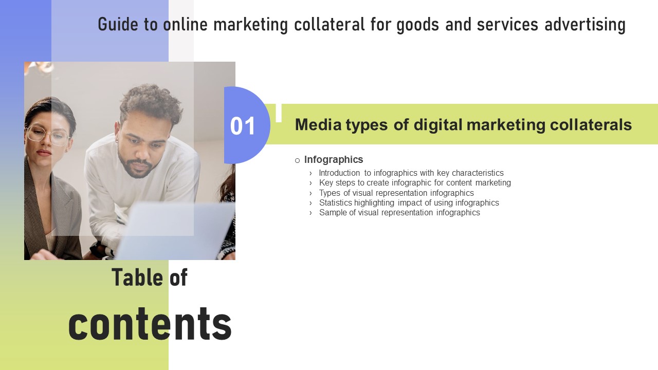 Guide To Online Marketing Collateral For Goods And Services Advertising Table Of Contents Information PDF