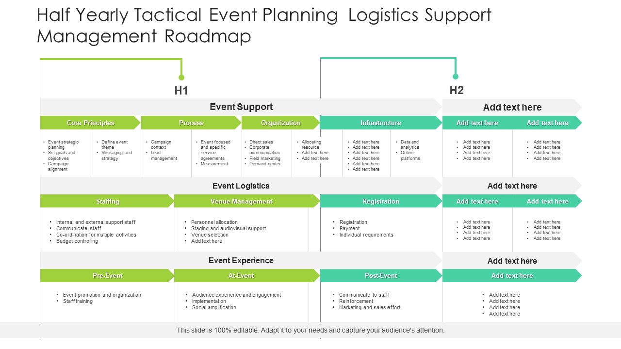 Half Yearly Tactical Event Planning Logistics Support Management Roadmap Infographics
