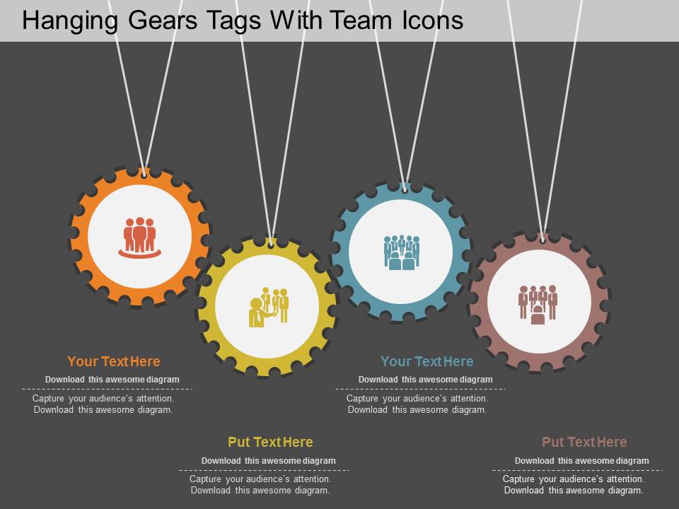 Hanging Gears Tags With Team Icons PowerPoint Template