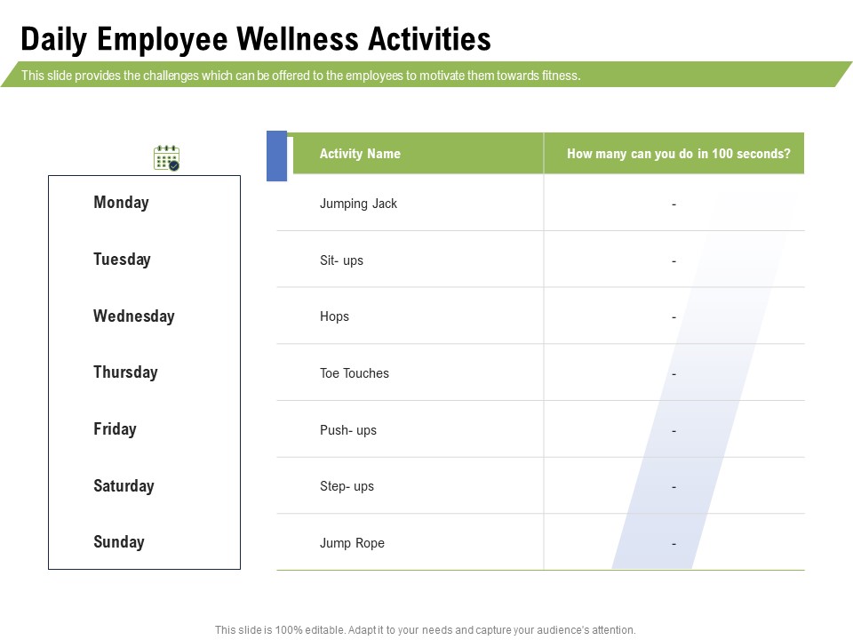 Health And Fitness Consultant Daily Employee Wellness Activities Ideas PDF