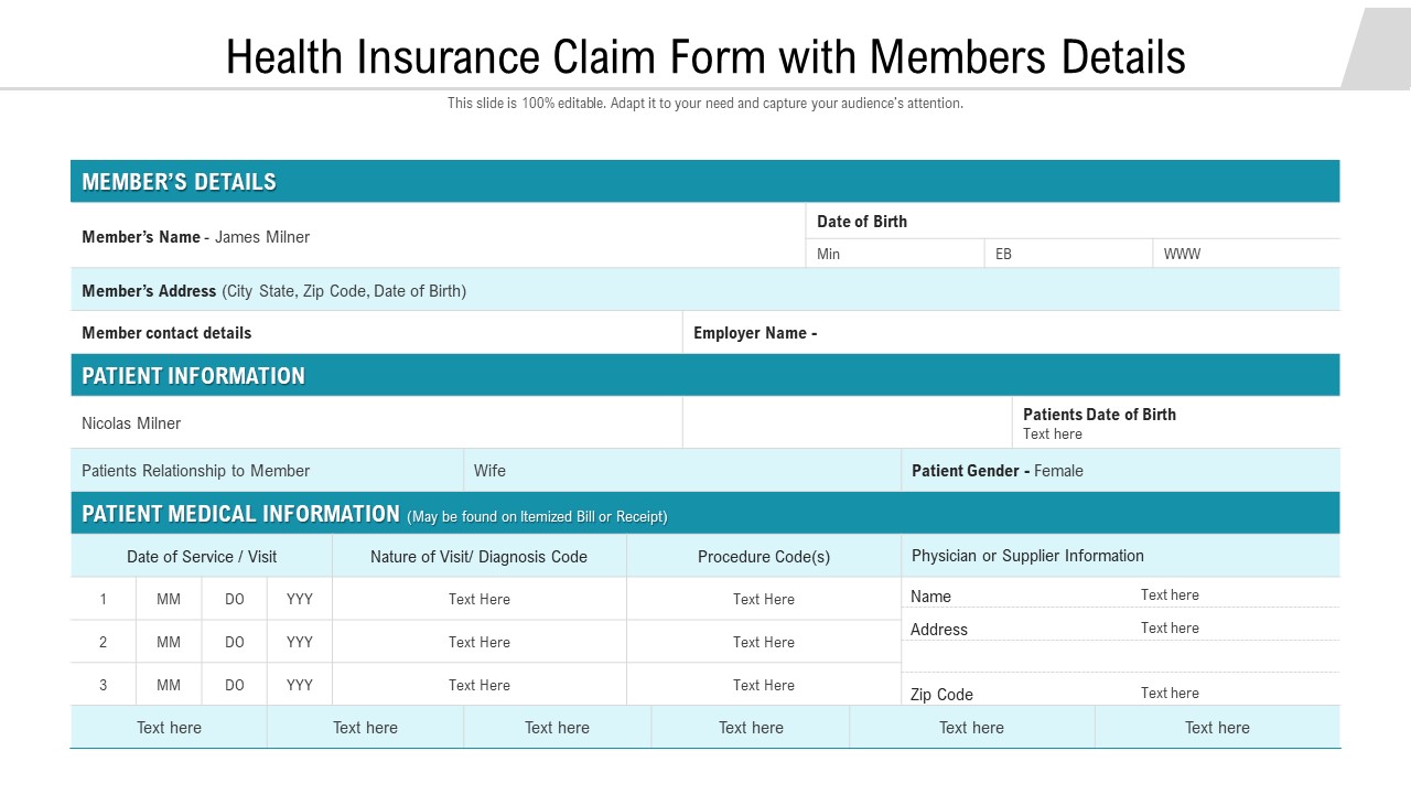 Health Insurance Claim Form With Members Details Ppt PowerPoint Presentation File Outline PDF