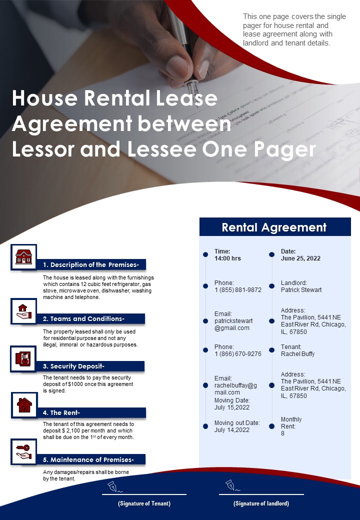 House Rental Lease Agreement Between Lesssor And Lassee One Pager PDF Document PPT Template