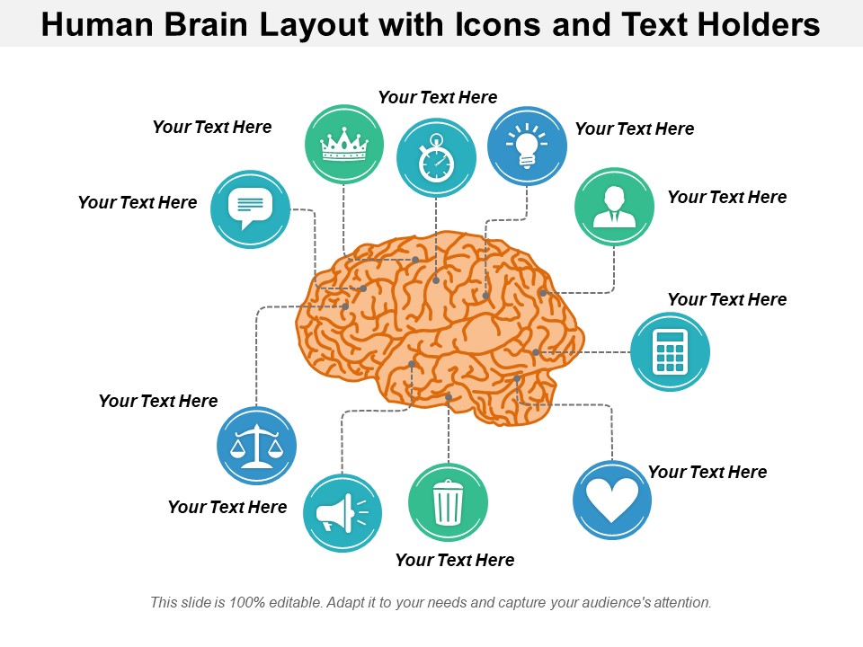 Human Brain Layout With Icons And Text Holders Ppt PowerPoint Presentation Infographic Template Mockup PDF