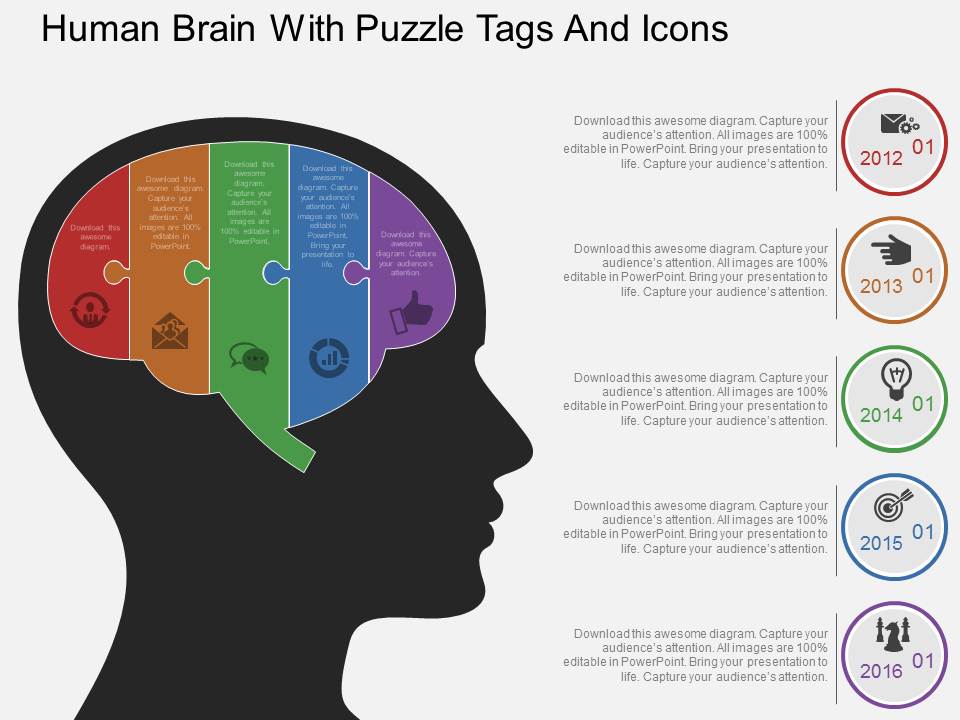 Human Brain With Puzzle Tags And Icons Powerpoint Template
