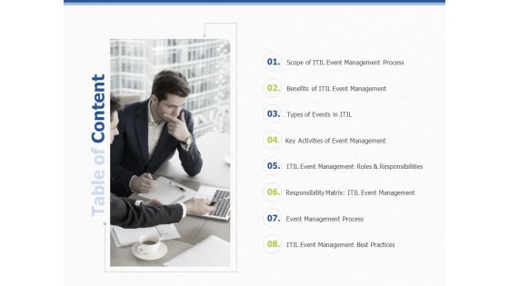 ITIL Event Organization Strategic Plan Table Of Content Ppt PowerPoint Presentation Inspiration Maker PDF
