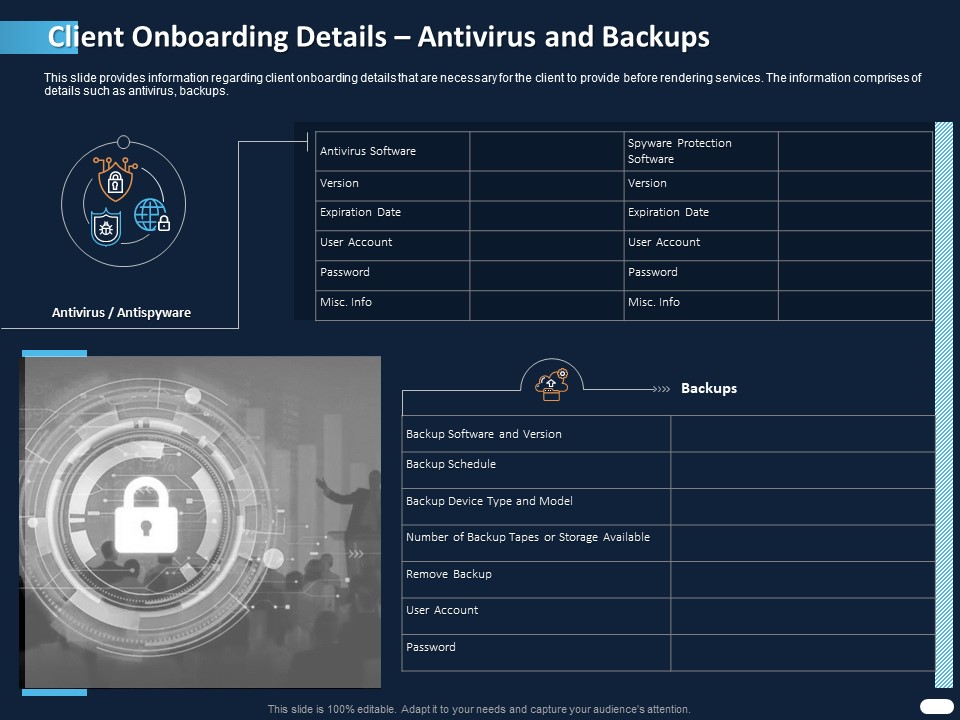 ITIL Strategy Service Excellence Client Onboarding Details Antivirus And Backups Ppt PowerPoint Presentation Infographic Template Picture PDF