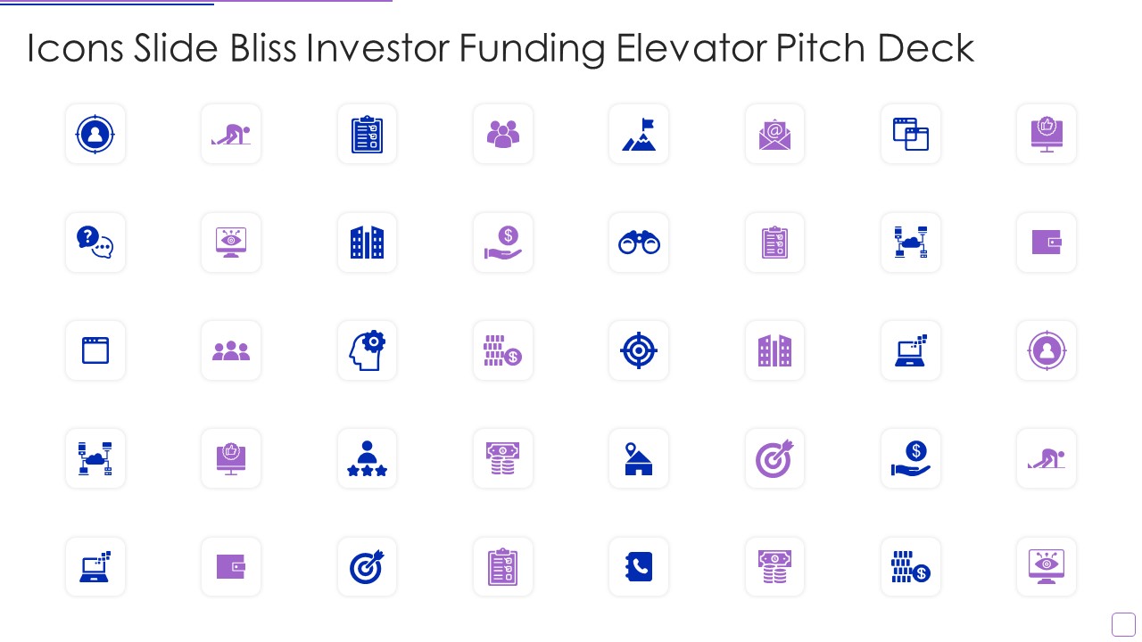 Icons Slide Bliss Investor Funding Elevator Pitch Deck Icons PDF