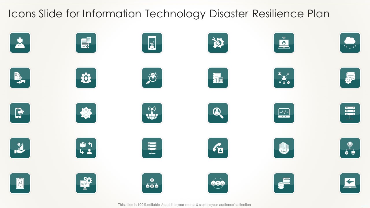Icons Slide For Information Technology Disaster Resilience Plan Template PDF