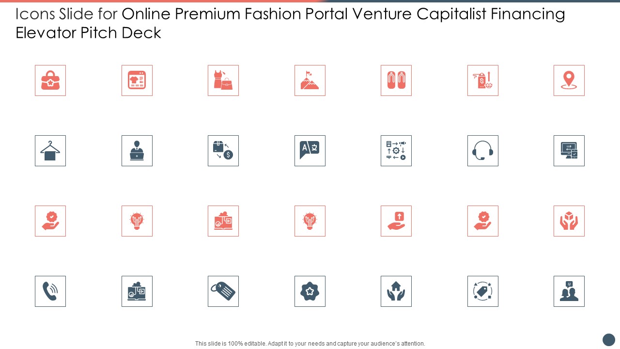 Icons Slide For Online Premium Fashion Portal Venture Capitalist Financing Elevator Pitch Deck Summary PDF
