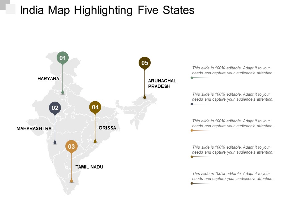 India Map Highlighting Five States Ppt Powerpoint Presentation Inspiration Gallery