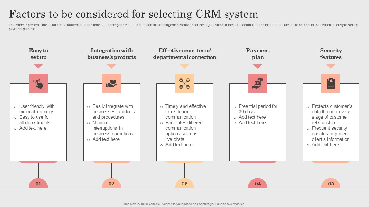 Integrating CRM Solution To Acquire Potential Customers Factors To Be Considered For Selecting CRM System Inspiration PDF