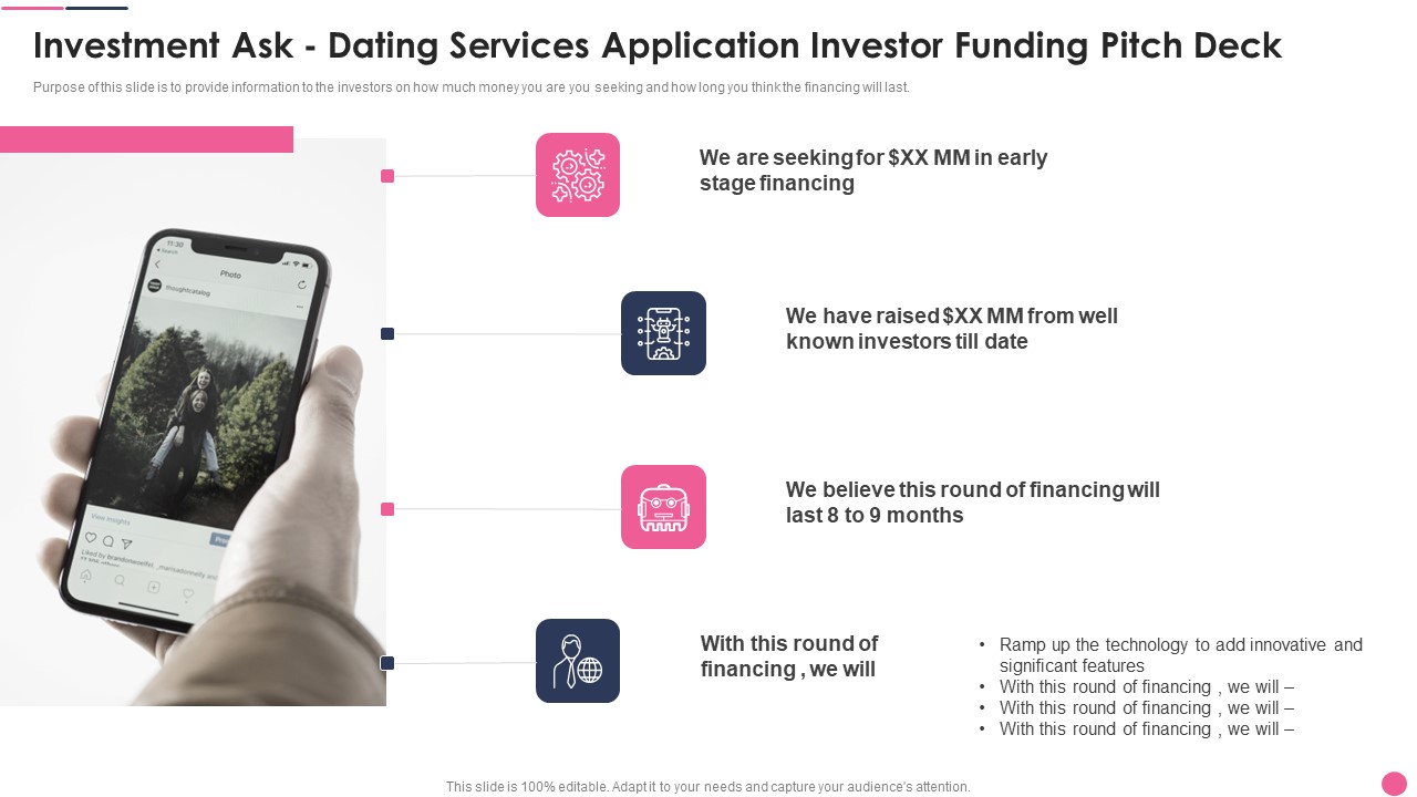 Investment Ask Dating Services Application Investor Funding Pitch Deck Brochure PDF