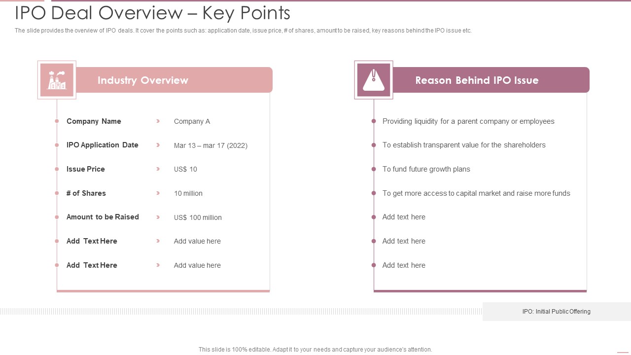 Investment Banking Security Underwriting Pitchbook IPO Deal Overview Key Points Brochure PDF