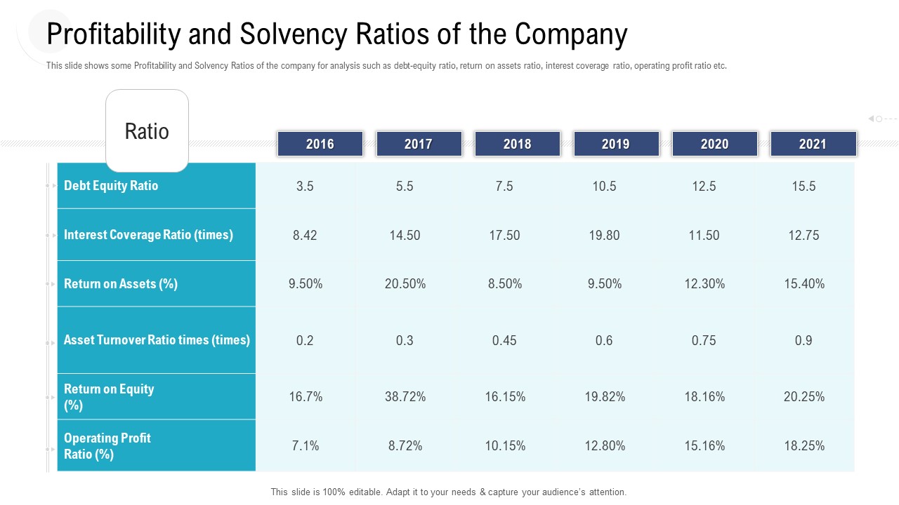 Investor Pitch Deck To Procure Federal Debt From Banks Profitability And Solvency Ratios Of The Company Summary PDF