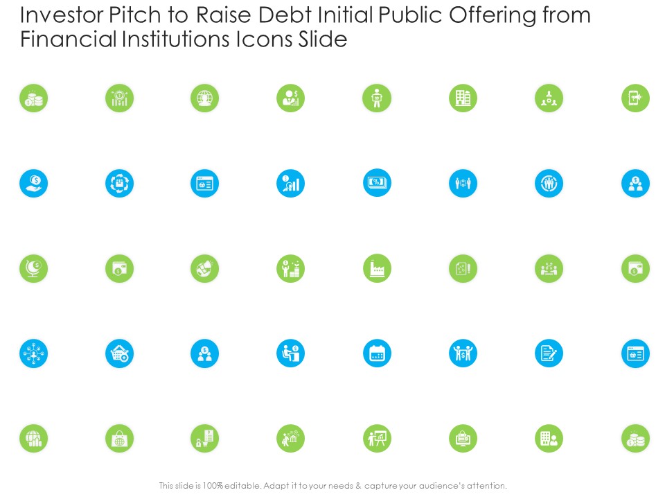 Investor Pitch To Raise Debt Initial Public Offering From Financial Institutions Icons Slide Infographics PDF
